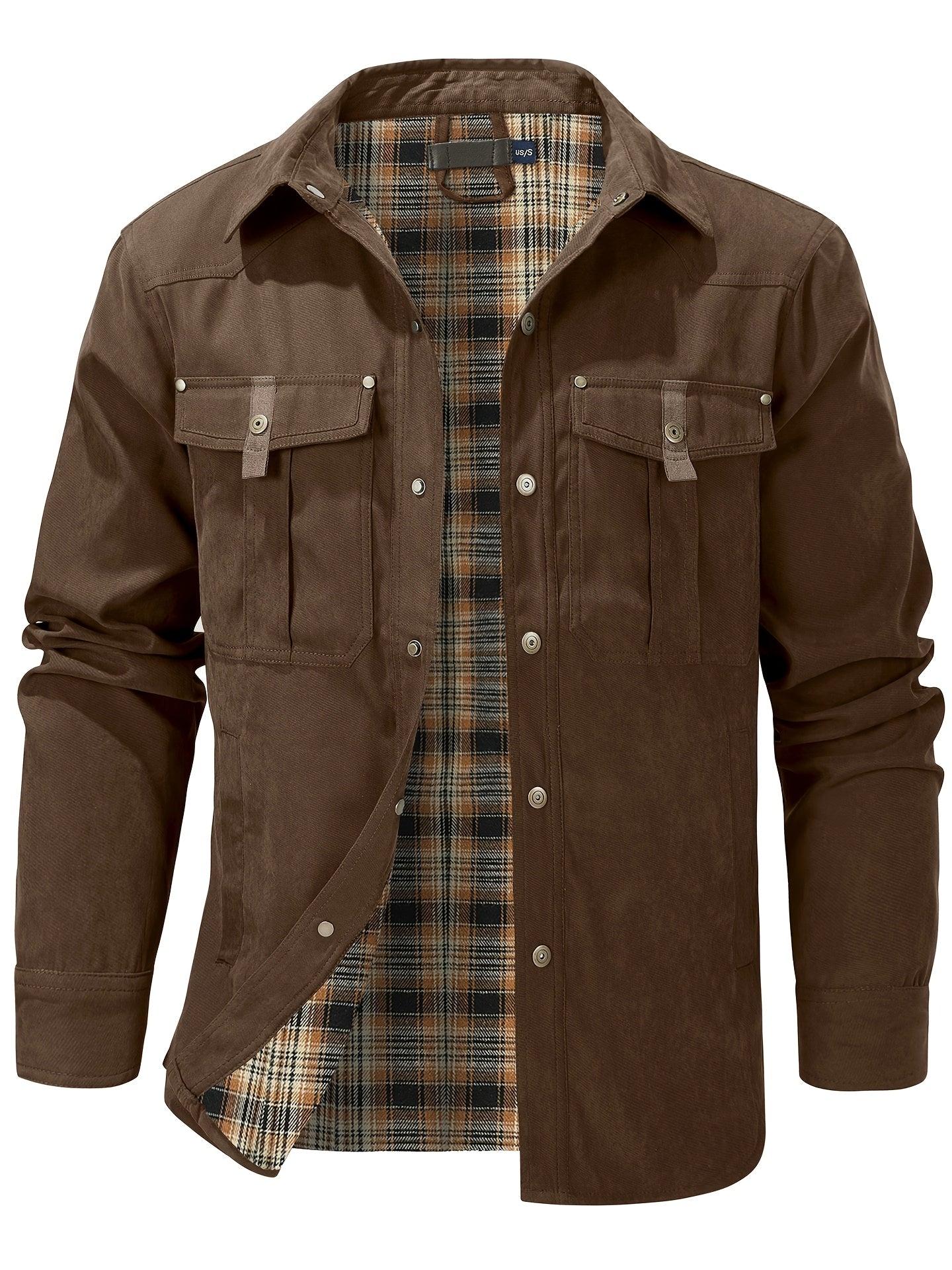 Casual Men's Fashion Solid-Color Plaid Cargo Jacket