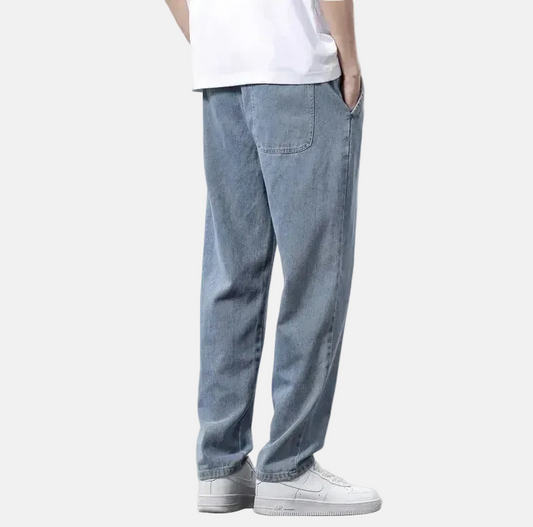 Straight Fit Cotton Jeans with Drawstring Waist