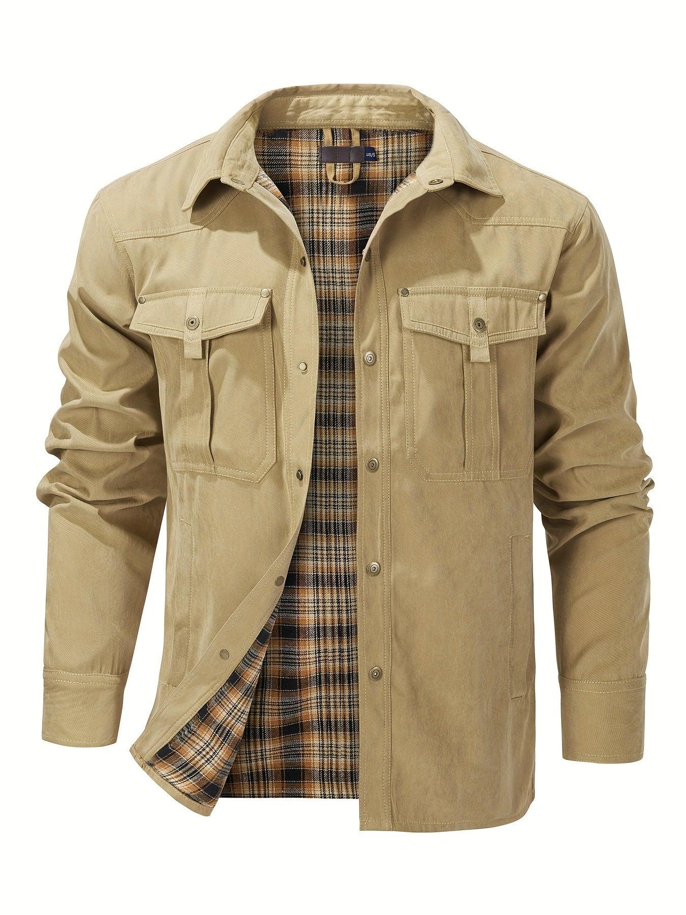 Casual Men's Fashion Solid-Color Plaid Cargo Jacket