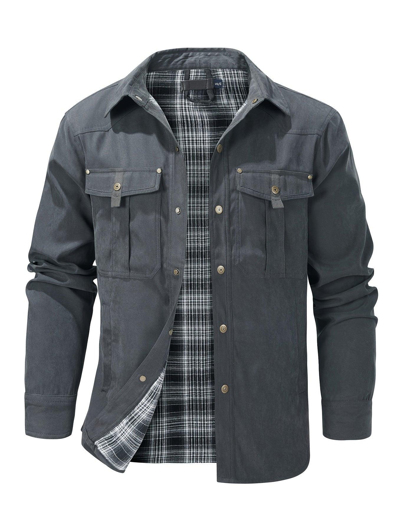 Casual Men's Fashion Solid-Color Plaid Cargo Jacket